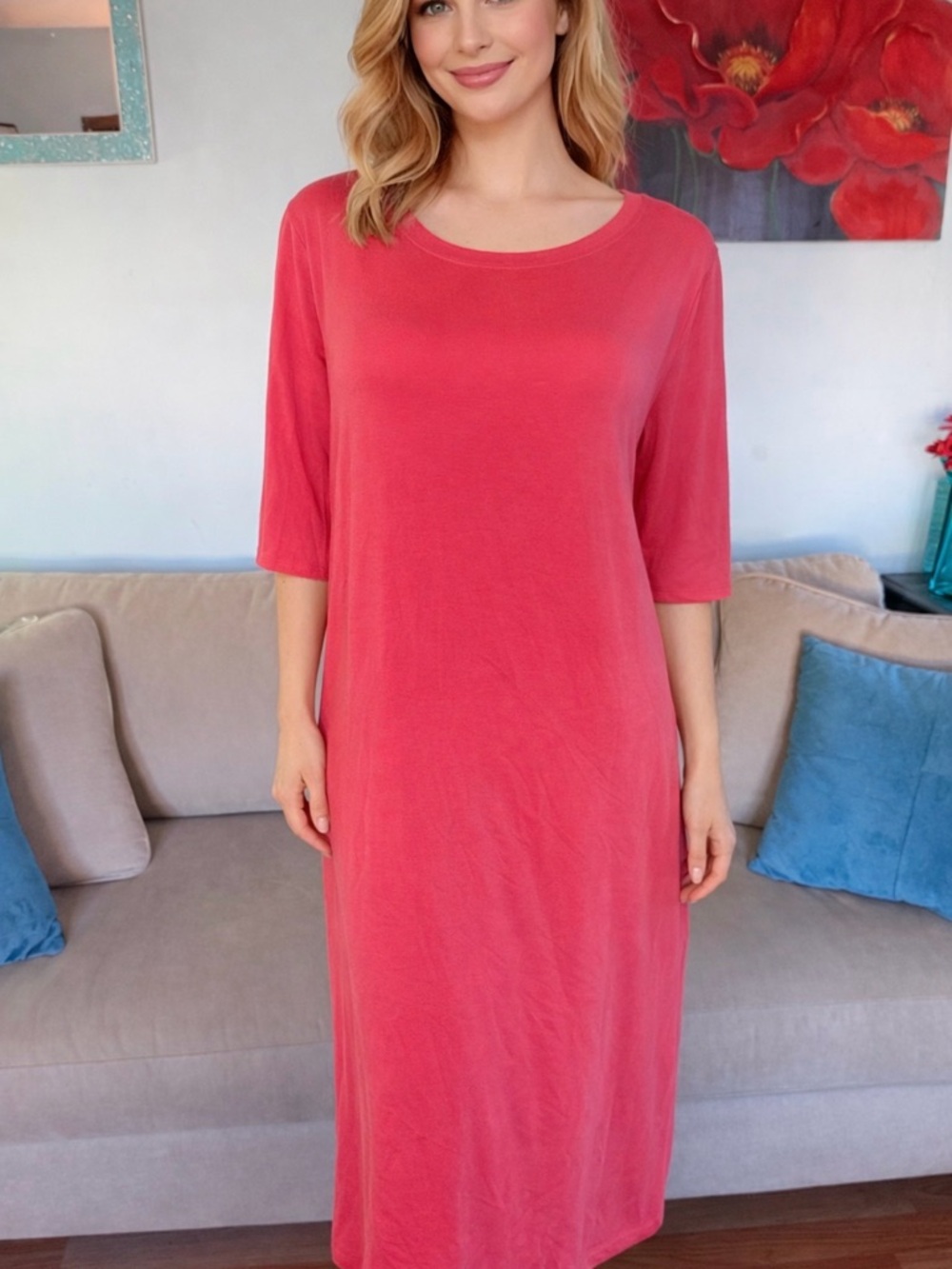 Eileen Fisher Relaxed Midi t-Shirt Dress in Coral Pink l large